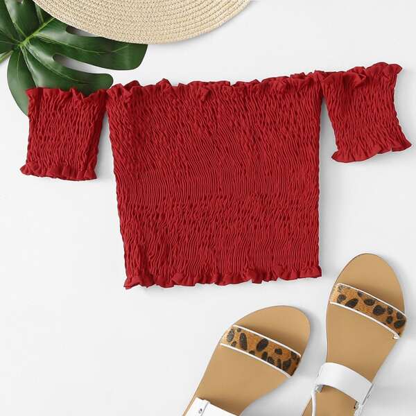 

Frill Trim Off Shoulder Shirred Crop Top