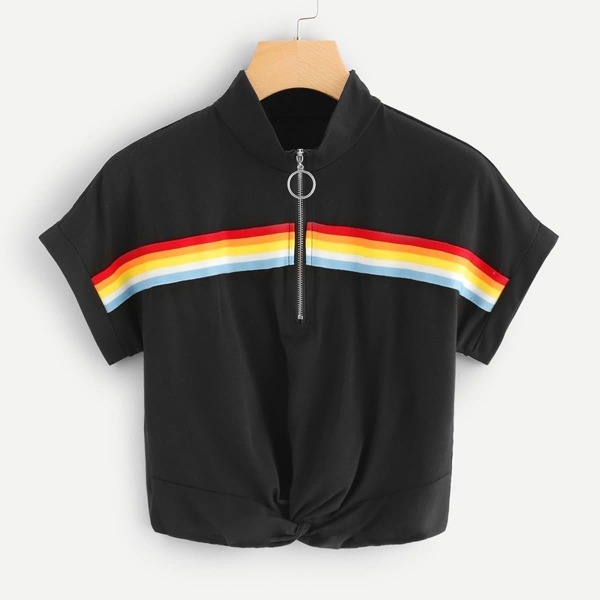 

Contrast Striped Tape O-Ring Zip Front Tee