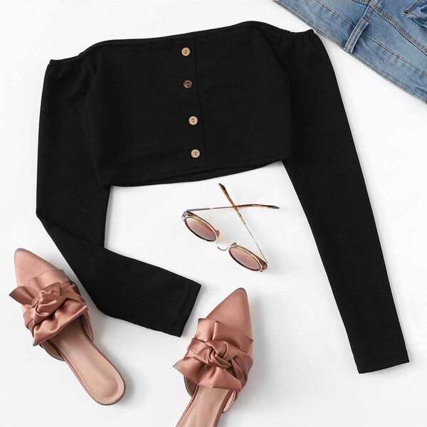 

Button Front Bardot Crop Tee, Black
