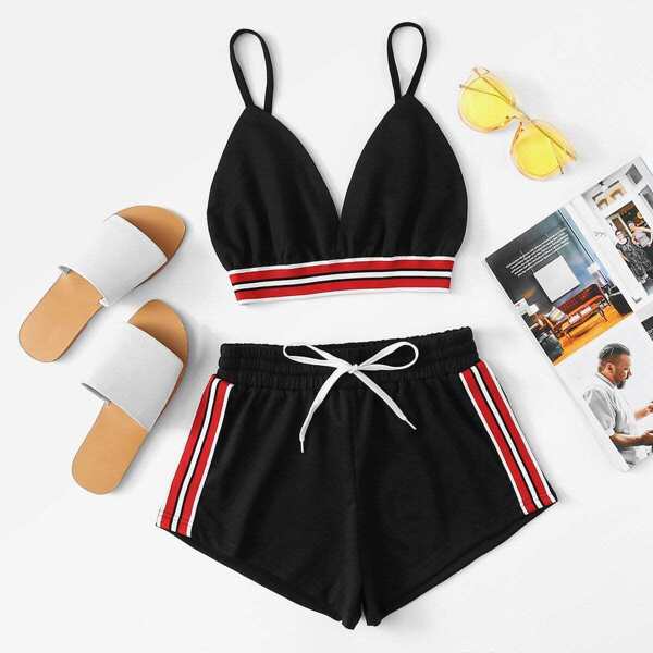 

Striped Tape Panel Cami Top With Shorts, Black