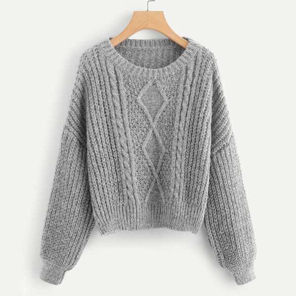 

Drop Shoulder Mixed Knit Sweater, Grey