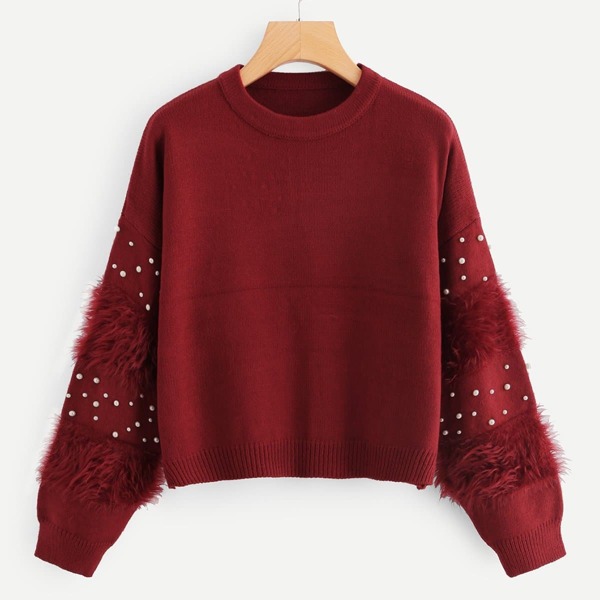 

Faux Fur And Pearl Embellished Sweater