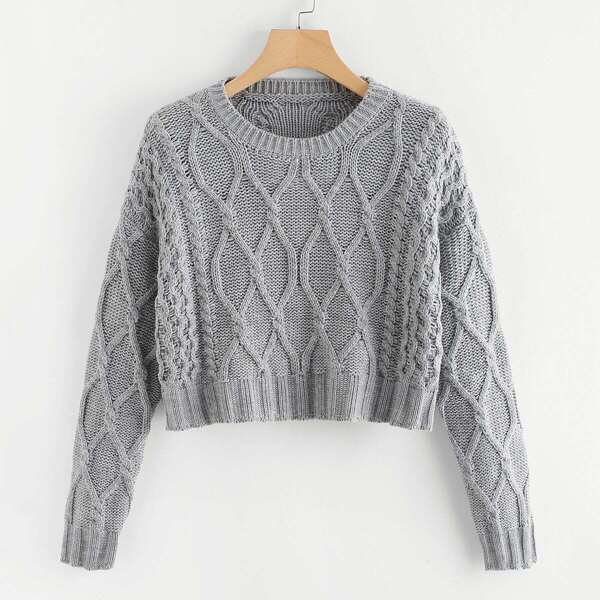 

Mixed Knit Solid Crop Sweater, Grey