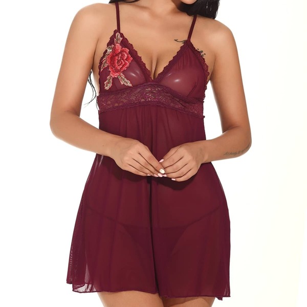 

Embroidered Rose Slips With Thong, Burgundy