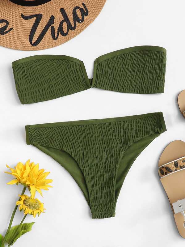 

Shirred Reunion V Bandeau With Cheeky Bikini, Army green