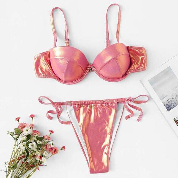

Metallic Top With Self Tie Side Bikini Set, Pink