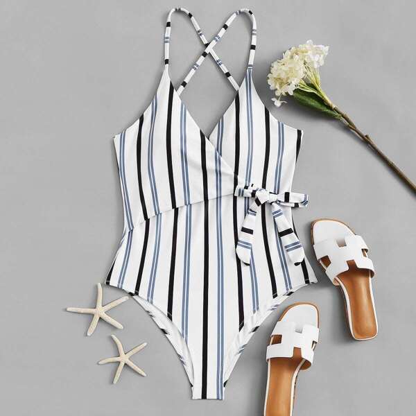 

Plus Striped Criss Cross Tie Side One Piece Swimsuit, Multicolor