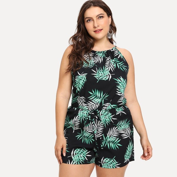 

Plus Leaf Print Split Back Halter Romper, Multicolor
