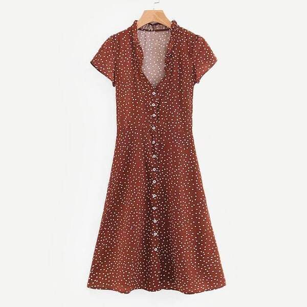 

Frill Trim Button Through Spot Dress, Red