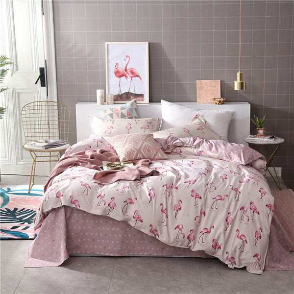 

Flamingos & Heart Print Duvet Cover, Multicolor