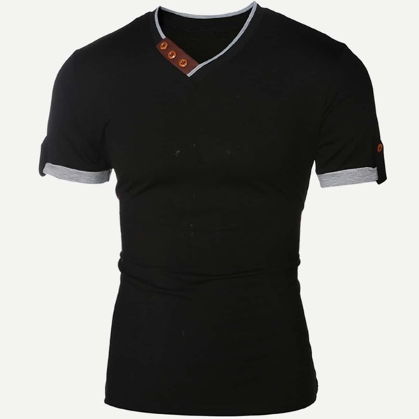 

Men Button Detail Roll-up Sleeve Solid T-shirt, Black