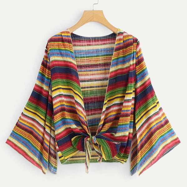 

Plus Striped Knot Hem Kimono, Multicolor