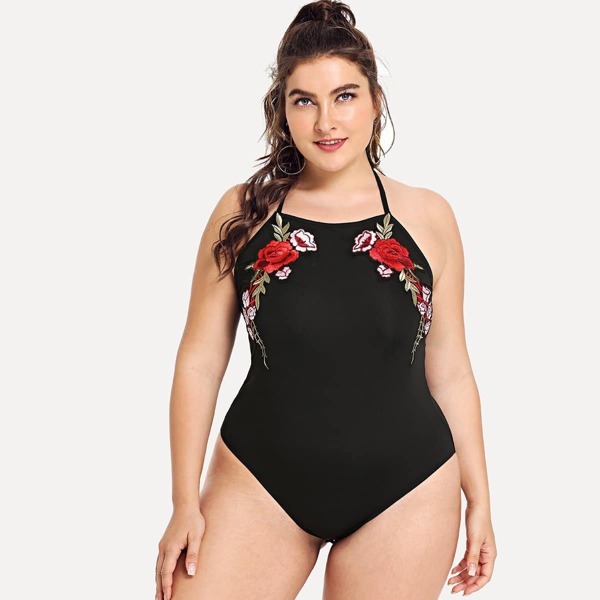 

Plus Embroidered Appliques Halter Bodysuit