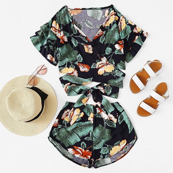 

Self Tie Tropical Print Wrap Top With Shorts