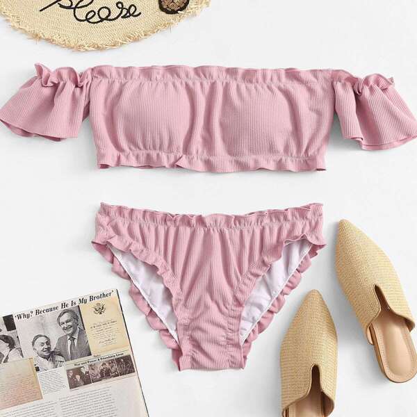 

Lettuce Trim Off Shoulder Bikini Set