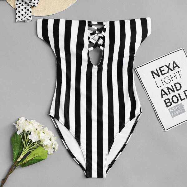 

Criss Cross Bardot Striped One Piece Swimsuit