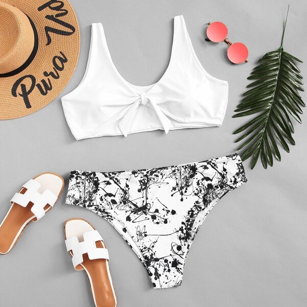 

Plus Knot Front Top With Ink Drawing Print Bikini Set