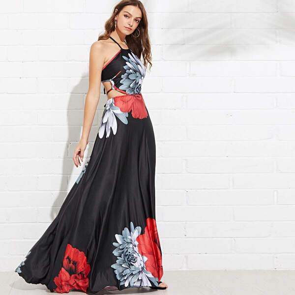 

Cross Back Floral Maxi Dress, Black