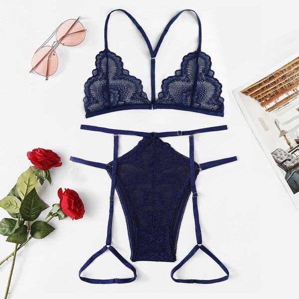 

Lace & Mesh Garter Lingerie Set, Navy blue
