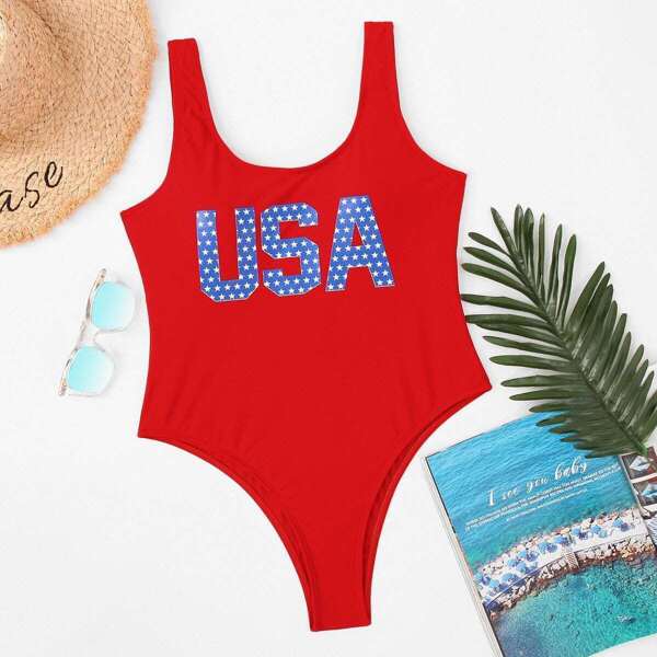 

Letter Print One Piece Swimsuit