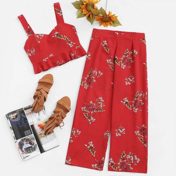 

Ruffle Hem Floral Print Top With Pants