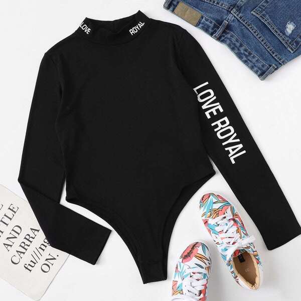 

Mock Neck Letter Print Bodysuit