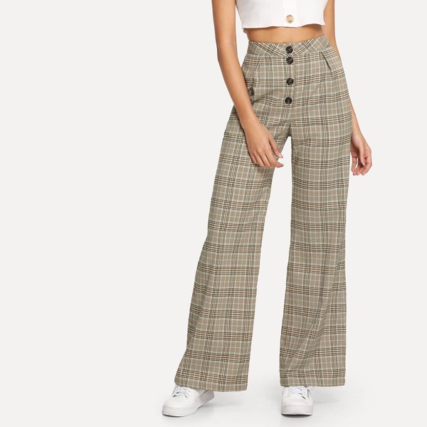 

Button Fly Wide Leg Plaid Pants