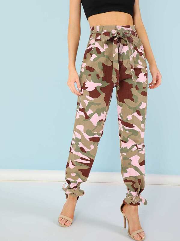 Paper Bag Waist Camo Pants With Tie Detail Shein Sheinside