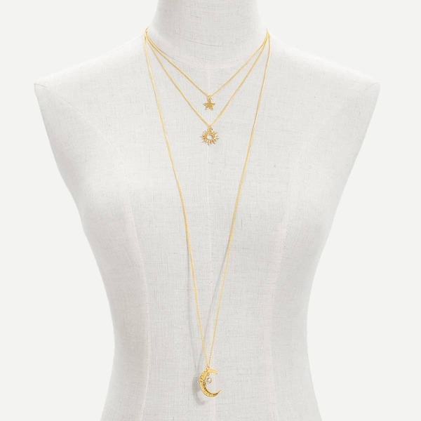 

Moon & Star Pendant Layered Chain Necklace, Gold