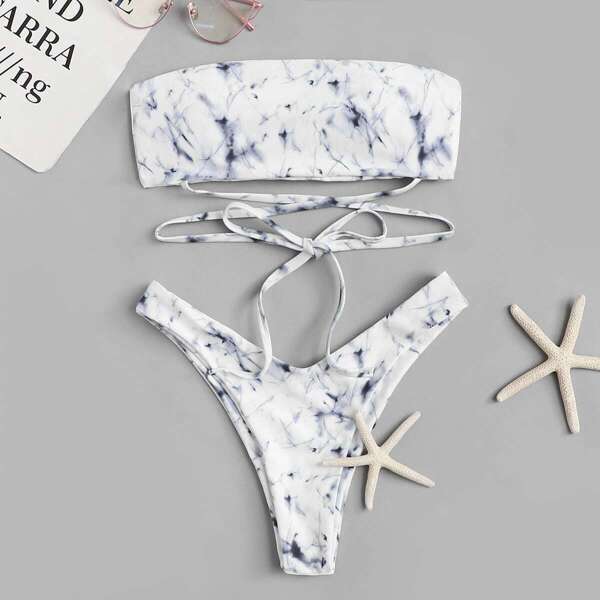 

Marble Print Top With High Leg Bikini Set, White