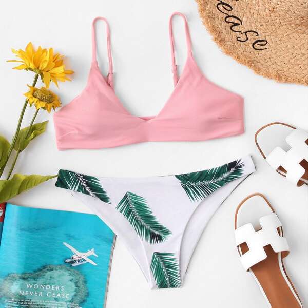 

Cami Top With Tropical Print Bikini Set, Multicolor