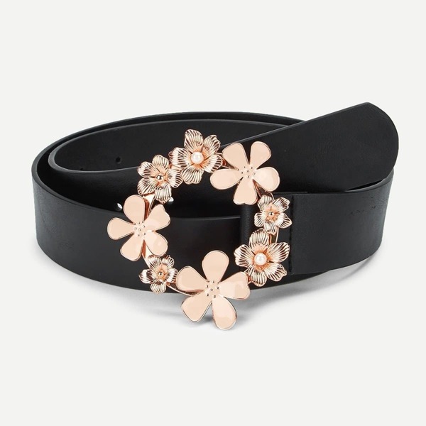 

Flower Decorated Circle Buckle Belt, Black