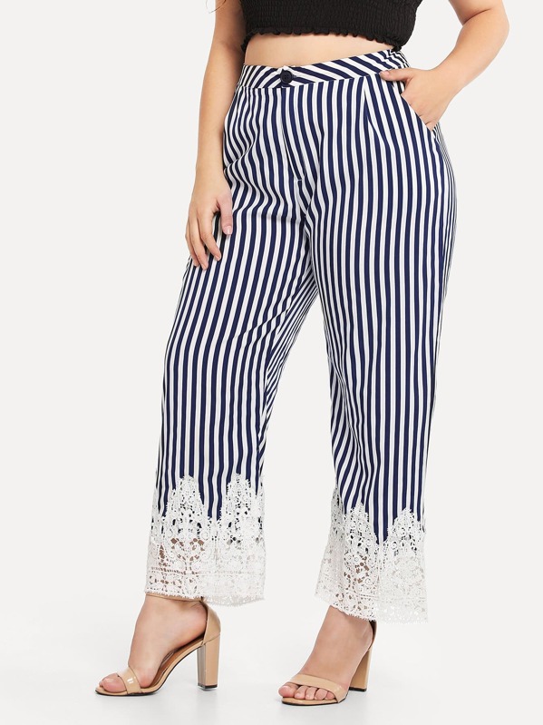 

Plus Lace Hem Striped Pants, Navy, Carol