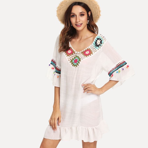 

Hollow Out Crochet Panel Pom Pom Cover Up, White
