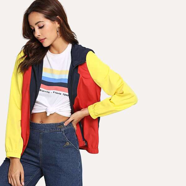 

Zip Up Color Block Hoodie Jacket, Многоцветный яркий