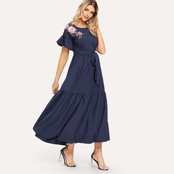 

Floral Embroidered Self Belted Tiered Maxi Dress, Navy