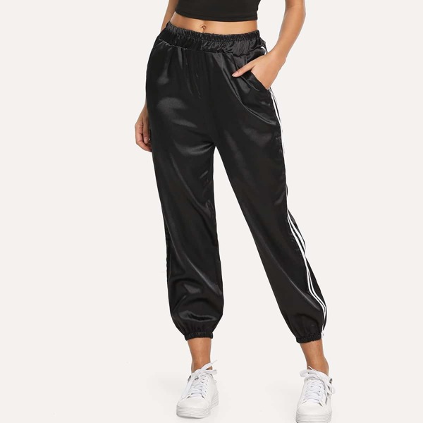 

Stripe Contrast Elastic Waist Utility Pants