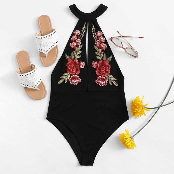 

Embroidered Floral Applique Cut Out Bodysuit