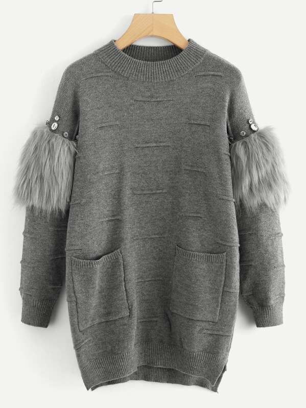 

Rhinestone and Faux Fur Embellished Textured Sweater, Grey