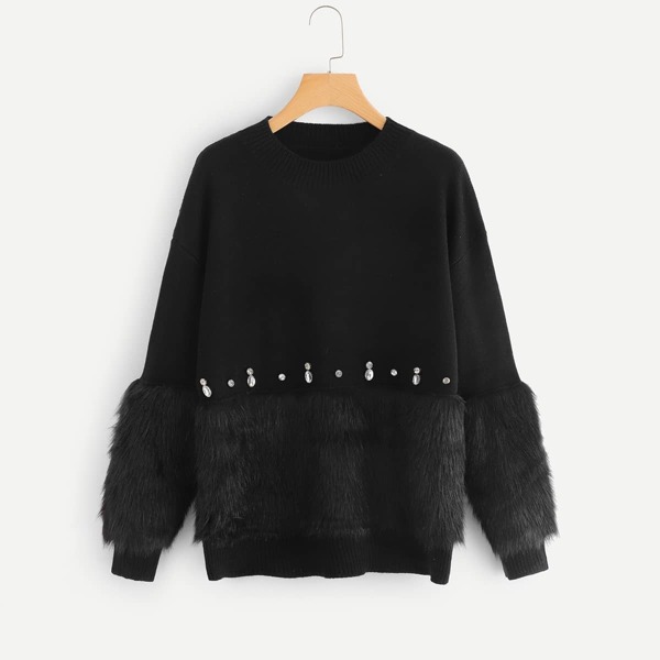 

Rhinestone and Faux Fur Embellished Sweater