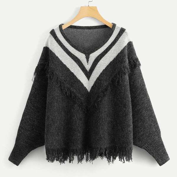 

Fringe Trim Dolman Sleeve Chevron Jumper