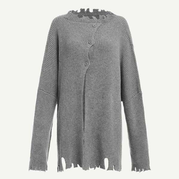 

Buttoned Front Raw Cut Sweater, Grey