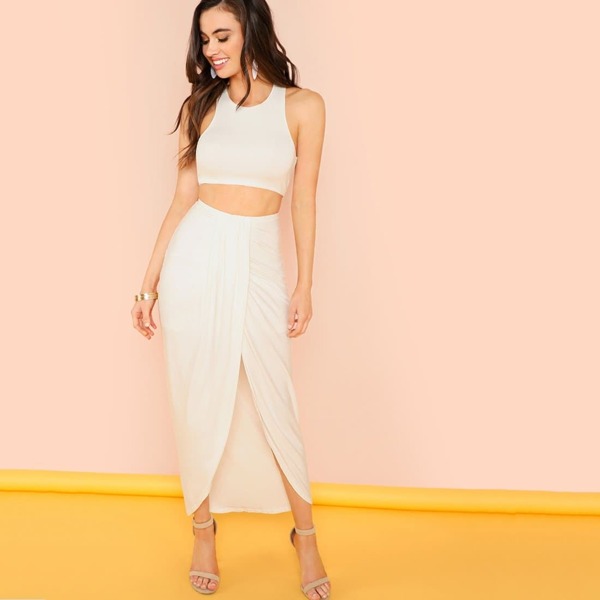 

Crop Tank Top with Draped Skirt, White
