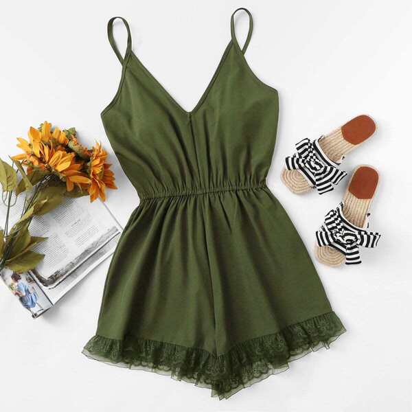 

Lace Hem Elastic Waist Cami Romper, Army green