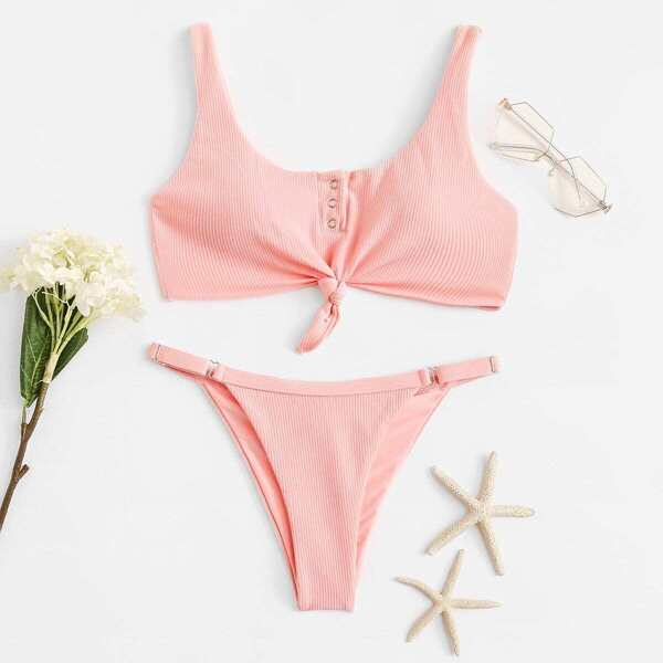 

Metal Ring Front Knot Top With Ribbed Bikini Set