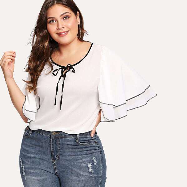 

Plus Butterfly Sleeve Knot Neck Blouse