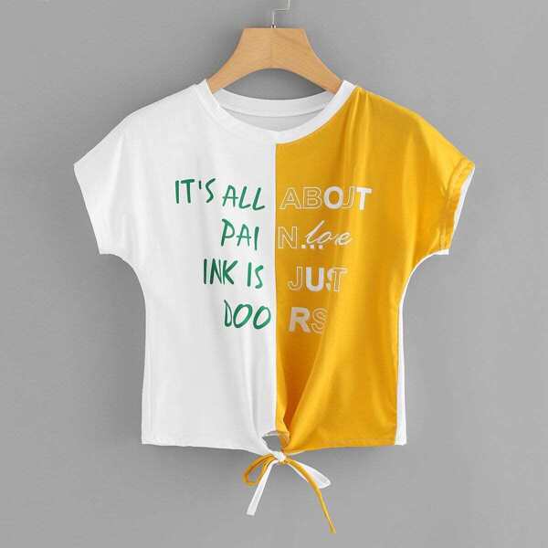 

Slogan Graphic Knot Hem Spliced Tee, Multicolor
