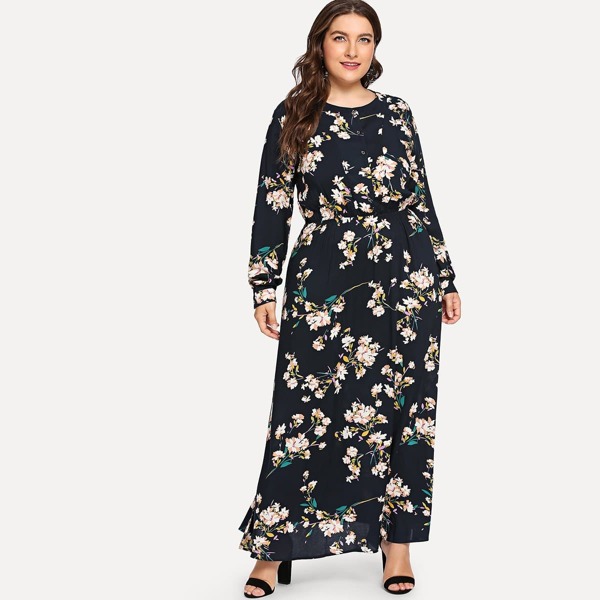 

Plus Floral Print Single Breasted Dress, Black
