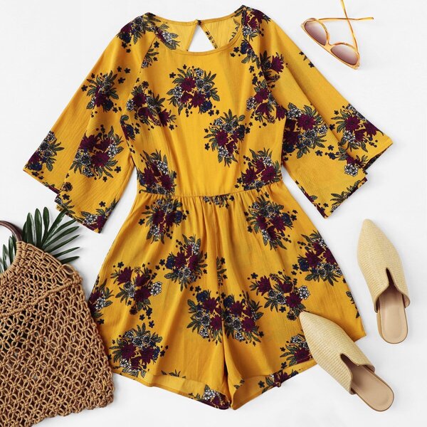 

Cut Out Back Floral Print Romper, Yellow