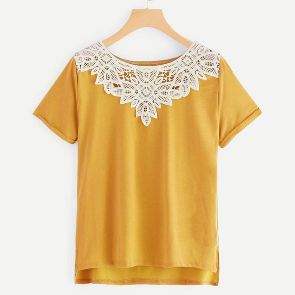 

Lace Panel Dip Hem Tee, Yellow